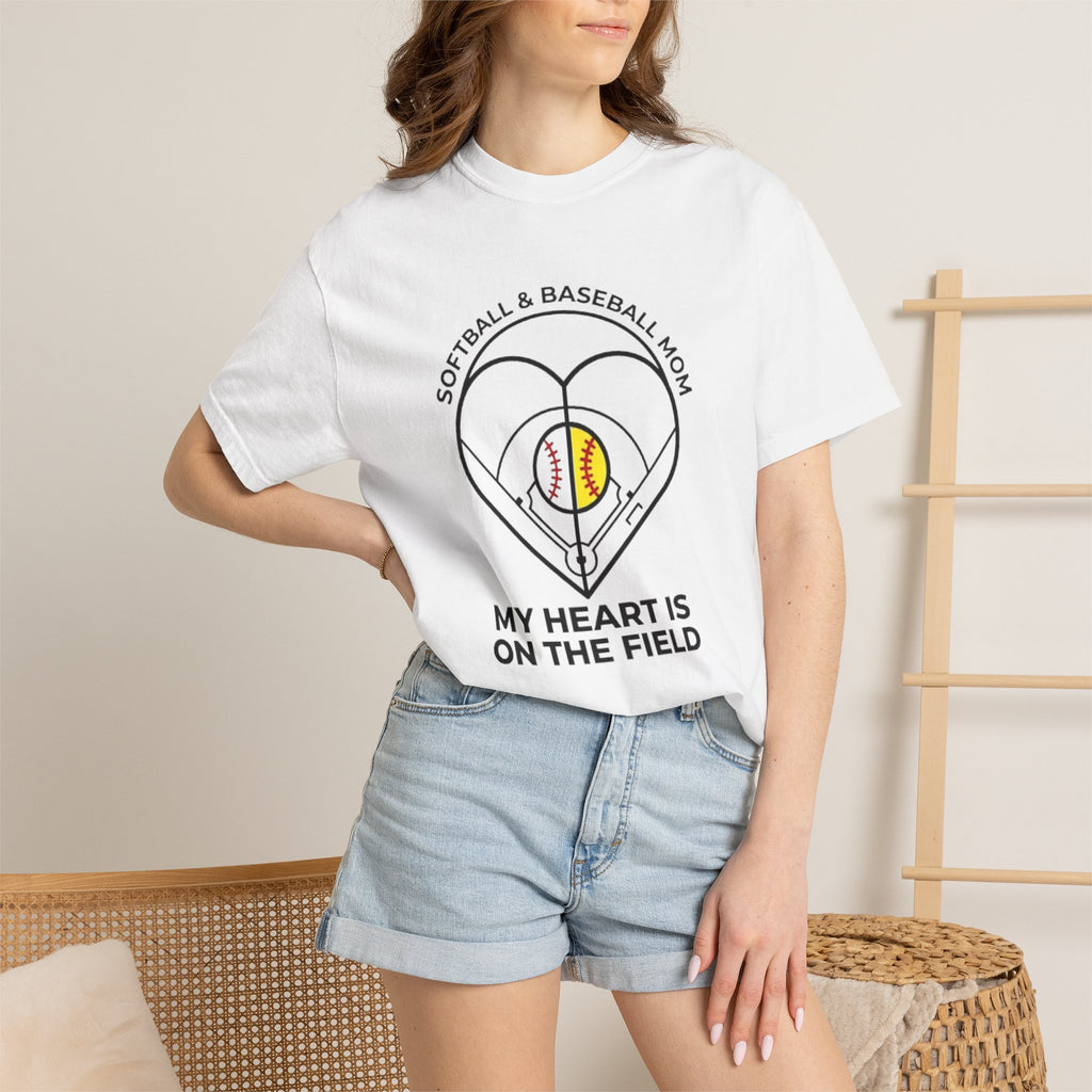 Softball & Baseball Mom T-Shirt – "My Heart Is On The Field"